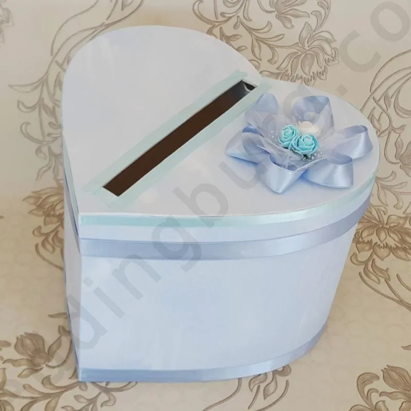 Сватбена кутия за пари във форма на сърце и декорация в свело синьо, модел КК030